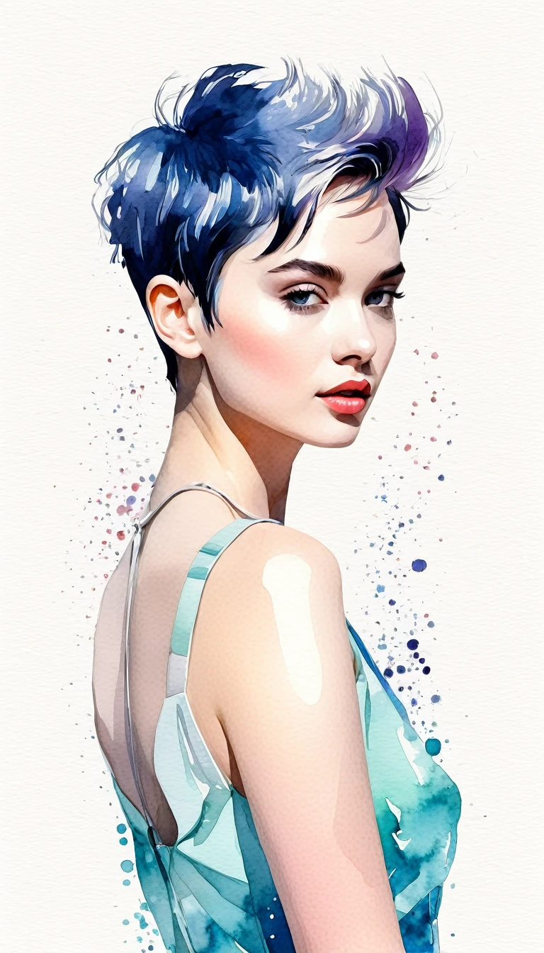 short hair girl pixie modern art, minimalism, contemporary elegance, dreamcore, Fancy fashion , fusion of watercolor and digital illustration, clean colors, minimalist and vibrant
