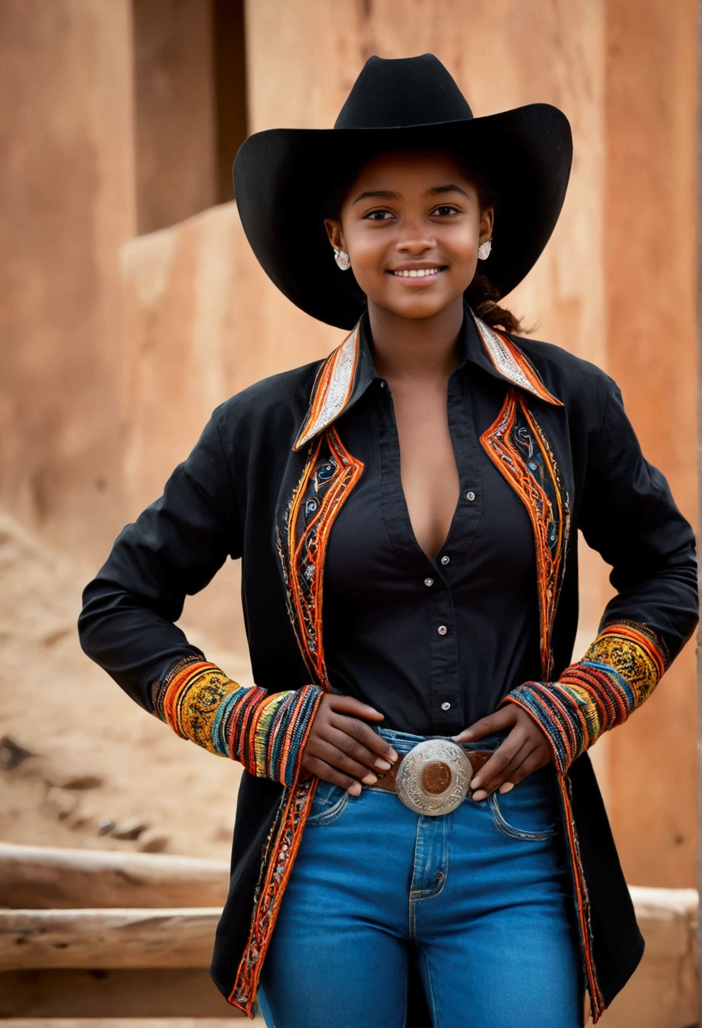 (work of art, best qualityer:1.2), cowboy shot, standing alone, 1 girl, Comoros met, ssmile, gazing at viewer, black hat, jaket, long sleeves, mitts