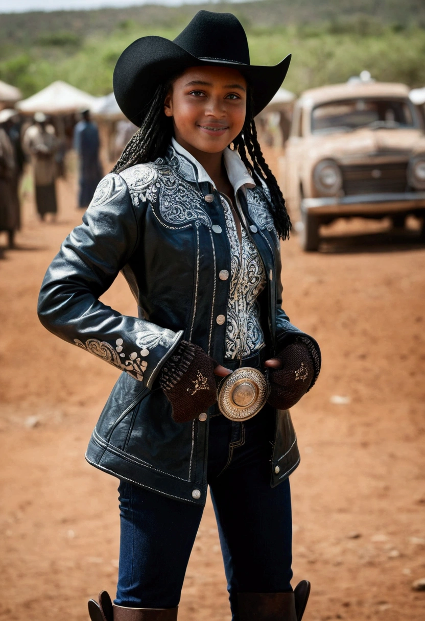 (work of art, best qualityer:1.2), cowboy shot, standing alone, 1 girl, Comoros met, ssmile, gazing at viewer, black hat, jaket, long sleeves, mitts