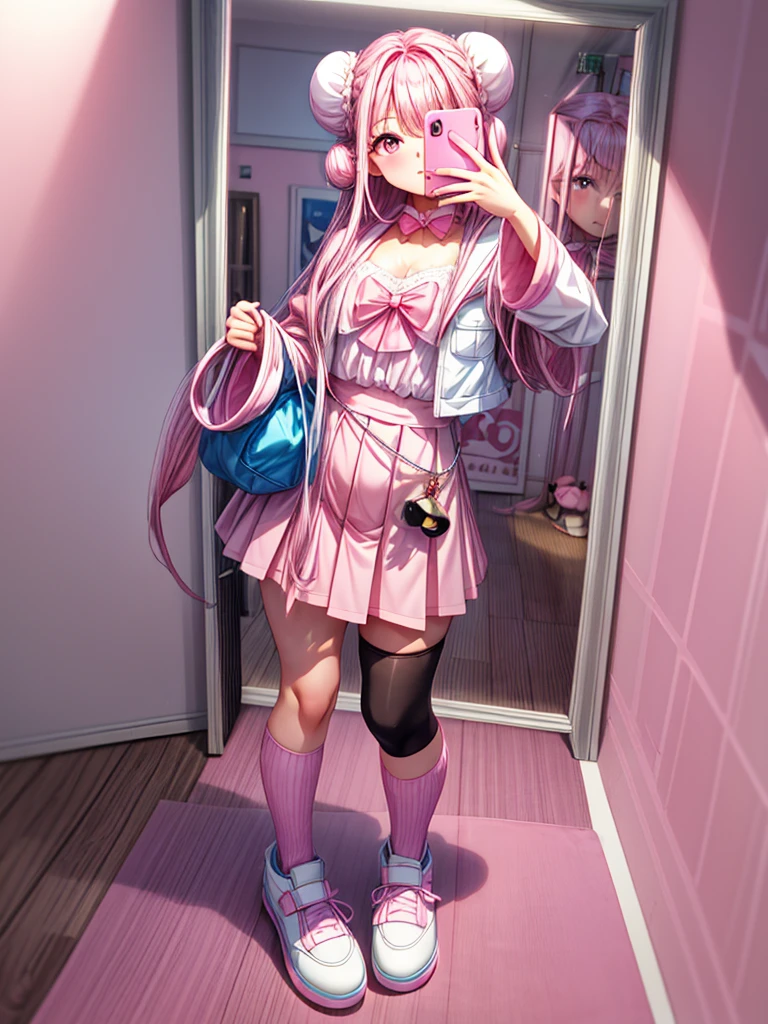A woman is taking a picture of herself in the mirror, 女性ミニCute Style, whole body!!, , Pink Girl, Pink and black, y2k style, y2k style, Cute Style, Black White Pink, Costume photo, Wearing a skirt and knee-high socks, One girl, alone, (Hair Ribbon:0.4), Pink Eyes,Cinematic Angles,perspective,(((White bun hair))),(((Long pink hair))), Cute clothes, Fluffy clothes, Chest Window, Frilled Skirt, Pastel pink and white outfit, Baby blue accents, himekaji fashion, Sparkling eyes, Shining Eyes, Big eyes), (Lip gloss, mascara, ,whole body, More prism, Bright colors, (Pink Bedroom, Cute Bedroom, Pink Wall, Pink Bed, stuffed toy, scenery), Take a selfie