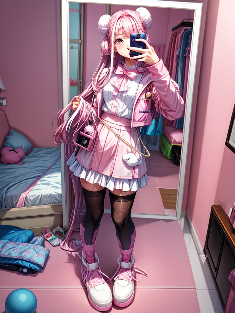 A woman is taking a picture of herself in the mirror, 女性ミニCute Style, whole body!!, , Pink Girl, Pink and black, y2k style, y2k style, Cute Style, Black White Pink, Costume photo, Wearing a skirt and knee-high socks, One girl, alone, (Hair Ribbon:0.4), Pink Eyes,Cinematic Angles,perspective,(((White bun hair))),(((Long pink hair))), Cute clothes, Fluffy clothes, Chest Window, Frilled Skirt, Pastel pink and white outfit, Baby blue accents, himekaji fashion, Sparkling eyes, Shining Eyes, Big eyes), (Lip gloss, mascara, ,whole body, More prism, Bright colors, (Pink Bedroom, Cute Bedroom, Pink Wall, Pink Bed, stuffed toy, scenery), Take a selfie