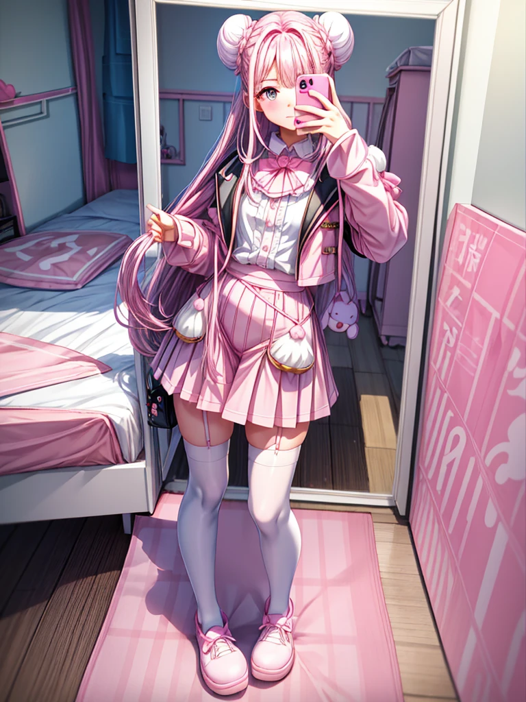 A woman is taking a picture of herself in the mirror, 女性ミニCute Style, whole body!!, , Pink Girl, Pink and black, y2k style, y2k style, Cute Style, Black White Pink, Costume photo, Wearing a skirt and knee-high socks, One girl, alone, (Hair Ribbon:0.4), Pink Eyes,Cinematic Angles,perspective,(((White bun hair))),(((Long pink hair))), Cute clothes, Fluffy clothes, Chest Window, Frilled Skirt, Pastel pink and white outfit, Baby blue accents, himekaji fashion, Sparkling eyes, Shining Eyes, Big eyes), (Lip gloss, mascara, ,whole body, More prism, Bright colors, (Pink Bedroom, Cute Bedroom, Pink Wall, Pink Bed, stuffed toy, scenery), Take a selfie