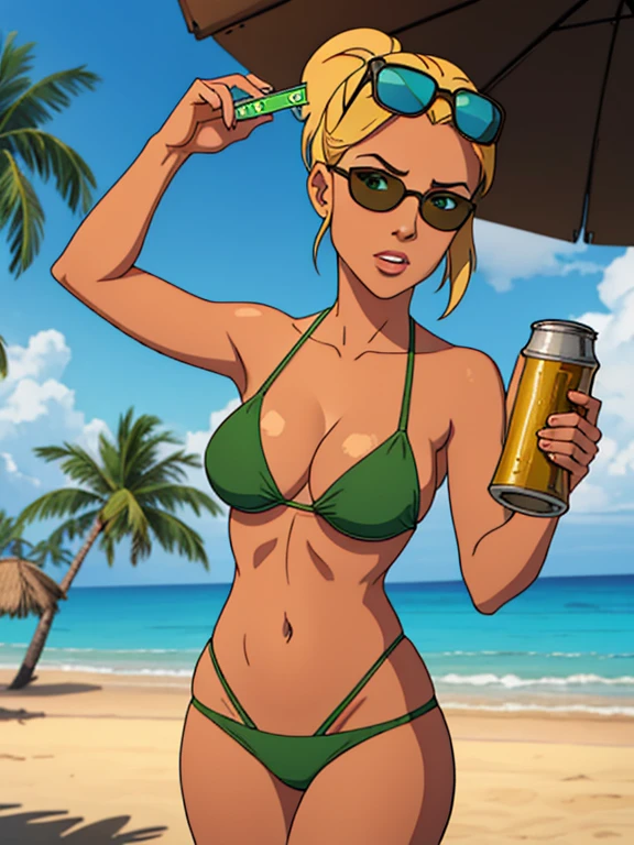 (Detailed face:1.2), (Detailed eyes:1.2), (Hourglass figure:1.2), 1girl, solo, 36-years-old, tan olive skin, short blonde hair, pony tail style hair, green eyes, ((Wearing a flossing green bikini and sunglasses)), walking, ((holding a beer can in one hand)), beautiful beaches, palm trees, beach resort, beach vacation, summer getaway, relaxed atmosphere, cinematic lighting, sunset, detailed background,