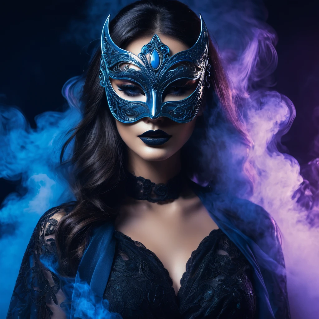 woman with a sensual mask, fashion sexy, black moon background, 8K, blue light, with smoke