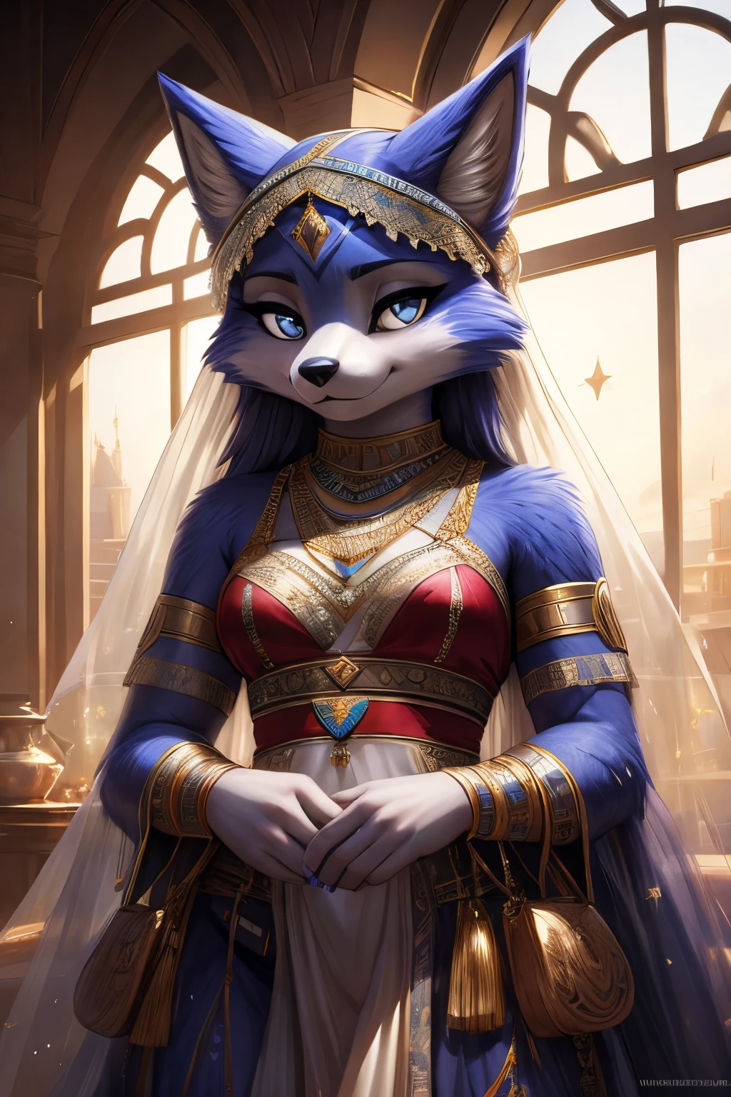 a veil on her head, Grey Veil, White hair, Off-white, Gouvesian art style, Arrogant and indifferent girl, Half squinted, White eyes球, White eyes, Ethnic style, Off-white花, krystal, Star Fox, Young girls, (detailed), Viewer view, hairy, Solitary, 1​, high resolution((Clear structural details)), Detailed and realistic, beautiful, Soft, 4K, excellent quality, highly detailed, (powerful), Fine fur, Vertical Lace Ladies，Slobber，flirt