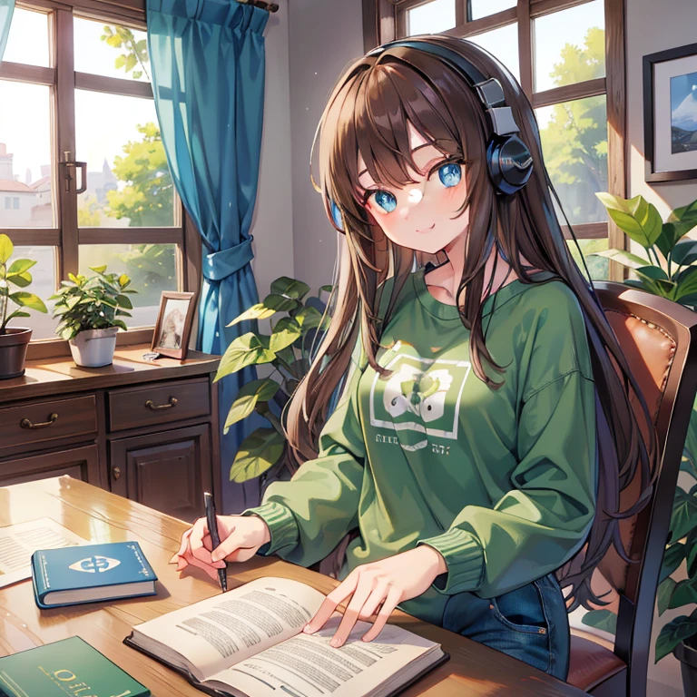Masterpiece, 4K, best quality, One 20 years old girl, solo, has Blue eyes, beautiful eyes, has Brown long hair, dark brown hair, wears green t-shirt with farmer jeans, in the bedroom, sitting on a chair, in front of the table, wears black headphones on her head, listen music, One book on the table, smile