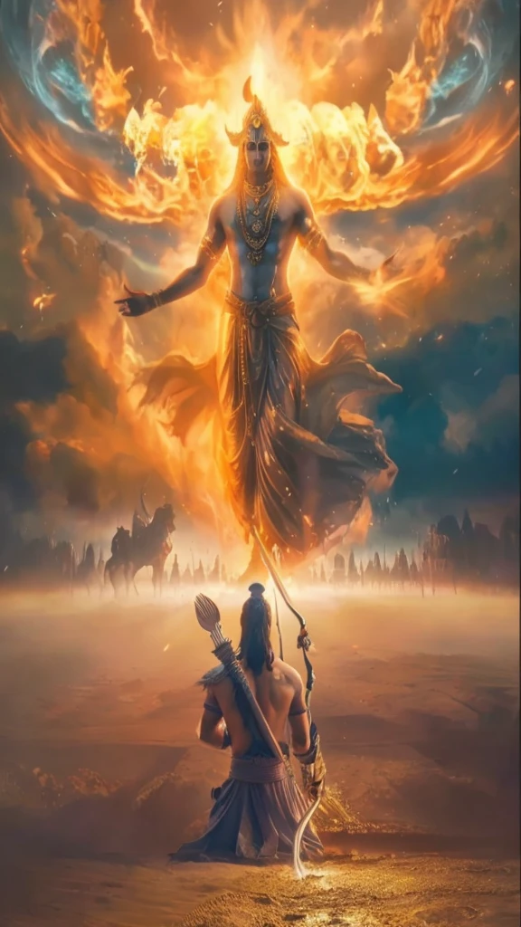 lord krishna is shown in the middle of the sky, surrounded by fire, legendary god holding spear, divine realm of gods, from ramayan, epic artwork, epic digital art, god shiva the destroyer, puṣkaracūḍa, amazingly epic visuals, indian god, stunning vfx, beautiful image ever created, epic scene of zeus, artificial intelligence god, concept art of god, epic digital painting, divine god, epic digital art illustration, epic poster art, divine background, vfx movie