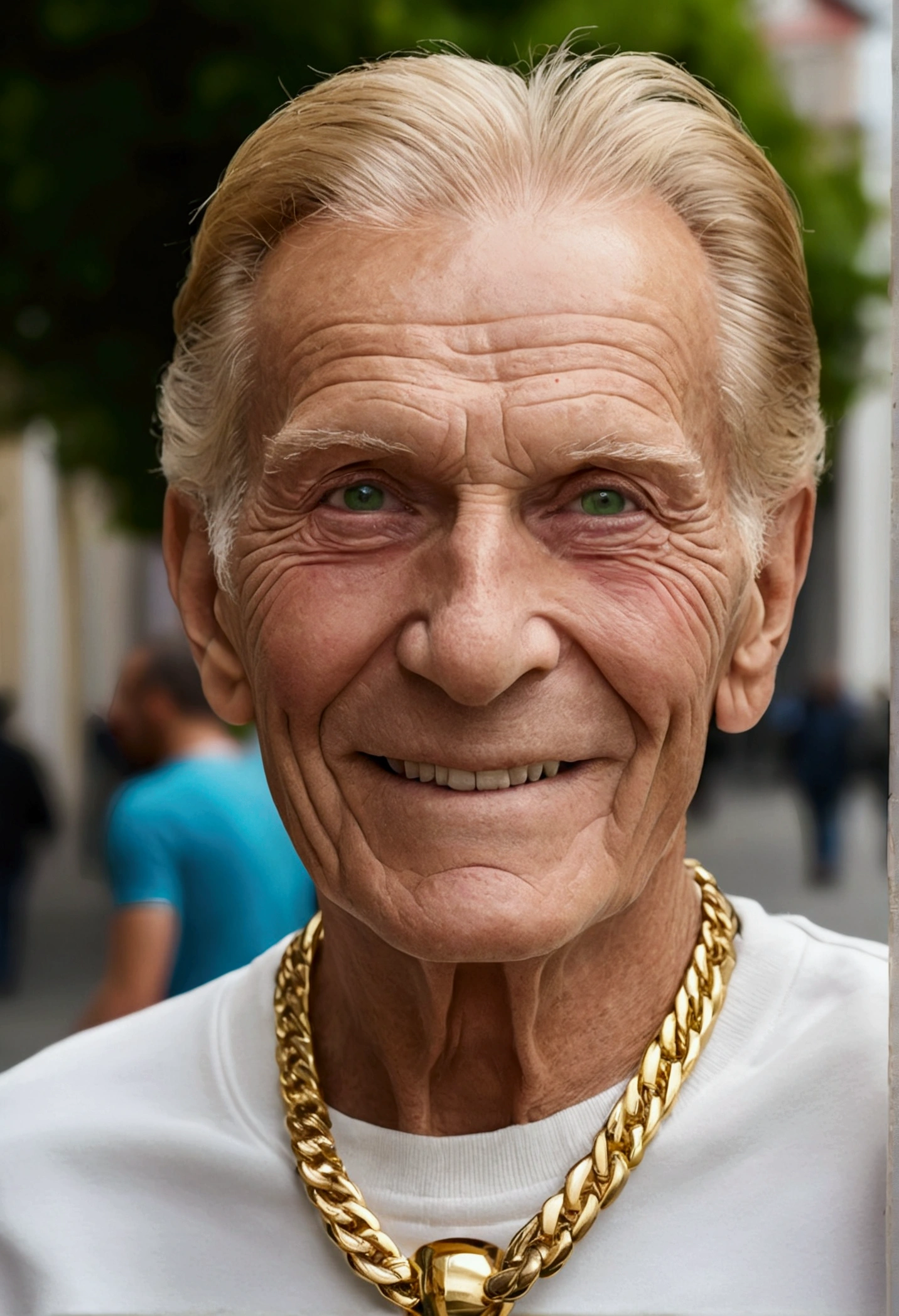 (1 men), (((Very detailed face)))), ((very detailed eyes and face)))), attractive green eyes, blonde hair, 90 years old, austrian european face, wearing casual fashion clothes, Grinning, wearing a gold chain with a shield pigment, background the city Salzfes