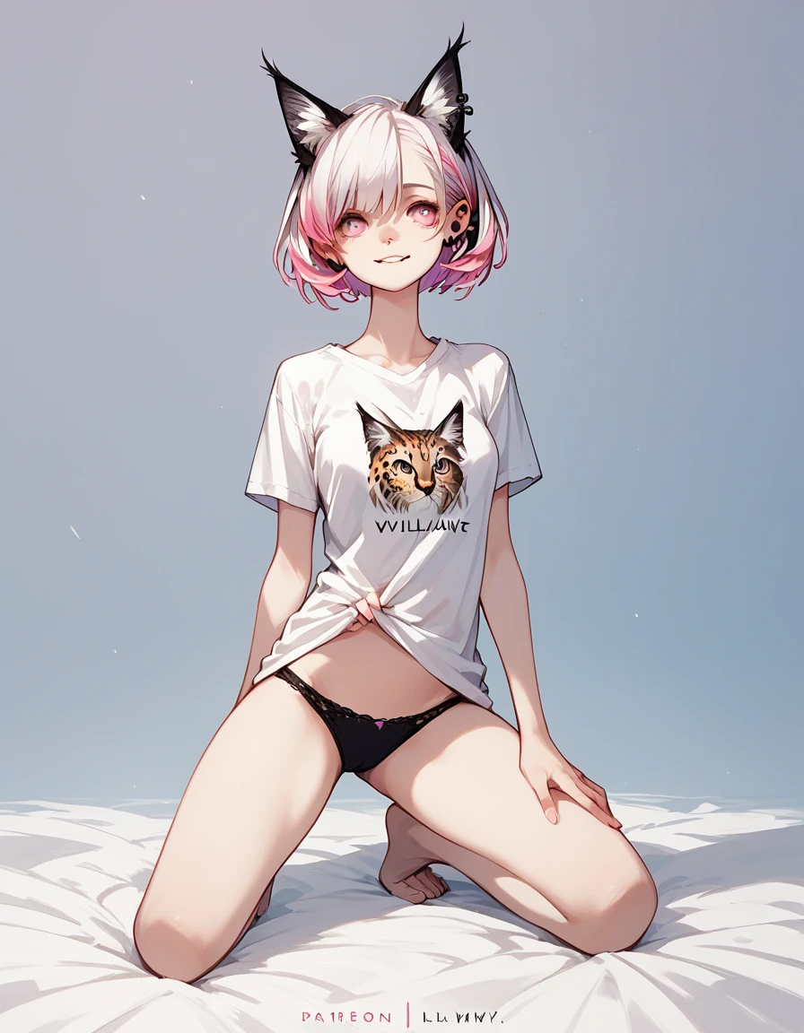 , score_9,score_8_up,score_7_up, source_cartoon, an Anthro furry albino lynx girl, white furry body, black lynx spots, black ear tips, short white hair with pink tips on hair, pink highlights in hair, pink eyes, wearing black underwear, seductive, on her knees, kneeling, full body shot, feet paws, 4 toes, biting her shirt