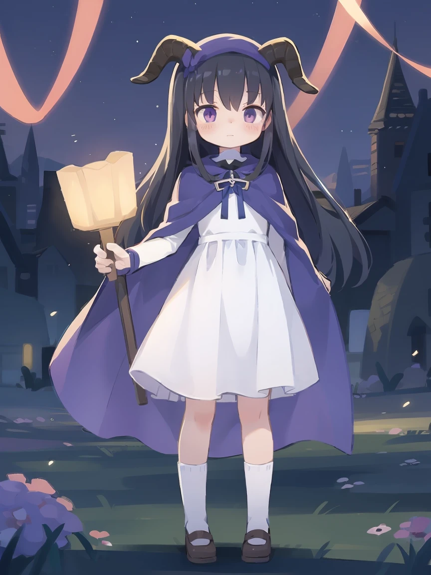 a cartoon image of a girl in a blue cape and white dress, an anime drawing by Jin Homura, pixiv, anime style like fate/stay night, black hair, goat horns, standing, full body