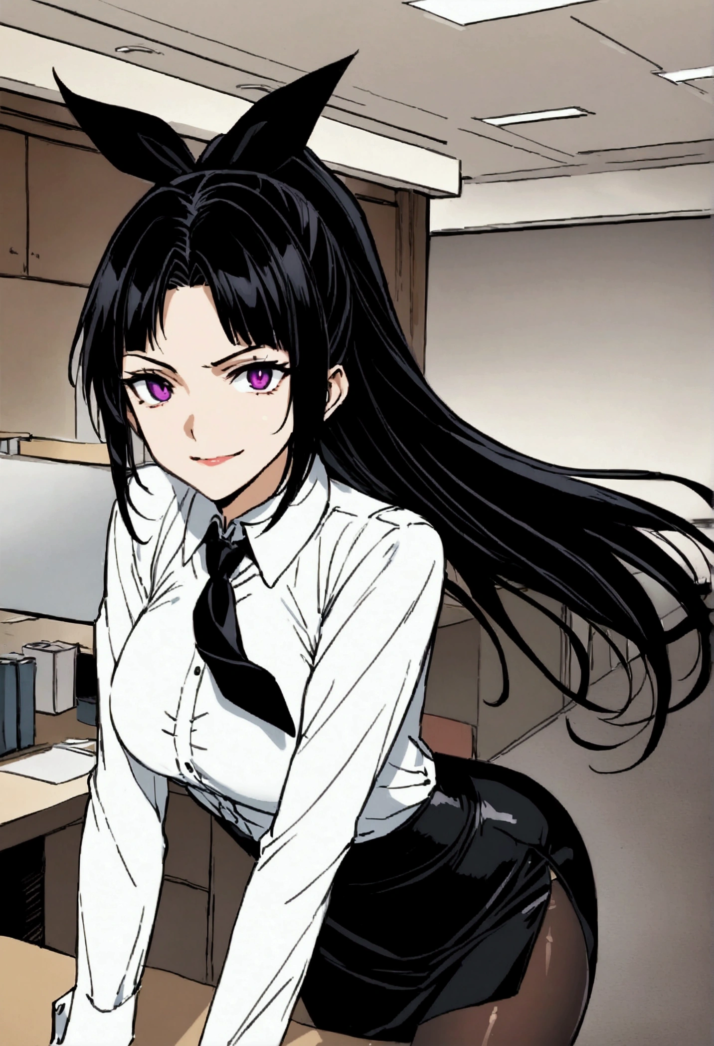 Juri Han, artwork, tight white secretary shirt with black tie, black high waist skirt, Short skirt,media, black fur, black stockings,office,bangs in the eyes,bravo,
,evil smile