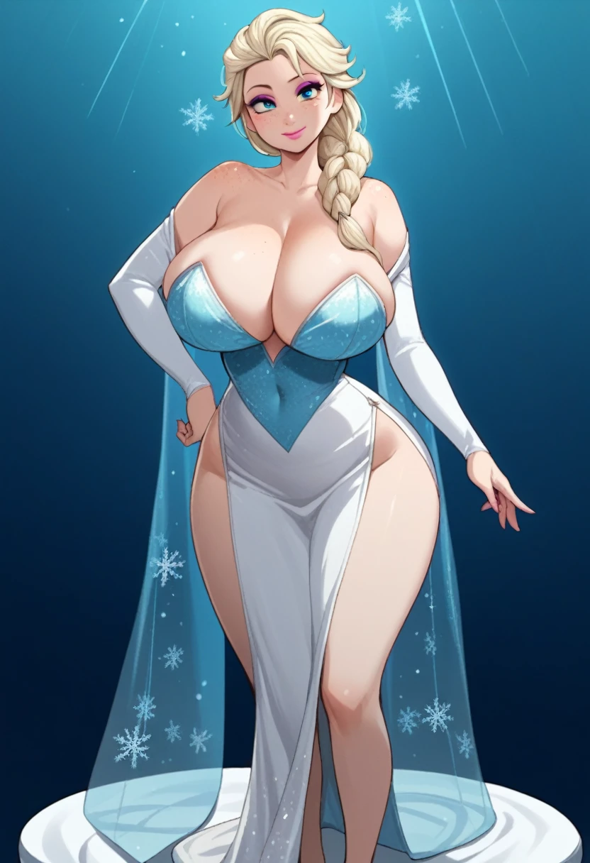 nanao yukiji style, score_9, score_8_up, score_7_up, score_6_up,source_Anime, elsa, 1girl, elsa (frozen), solo, blue eyes, blonde hair, long hair, skimpy dress, huge breasts, bouncy breasts, makeup, freckles, smile, full lips, lipstick, bare shoulders, snowflakes, single braid, off shoulder, wide hips, slim waist, pelvic curtain, white dress, full body