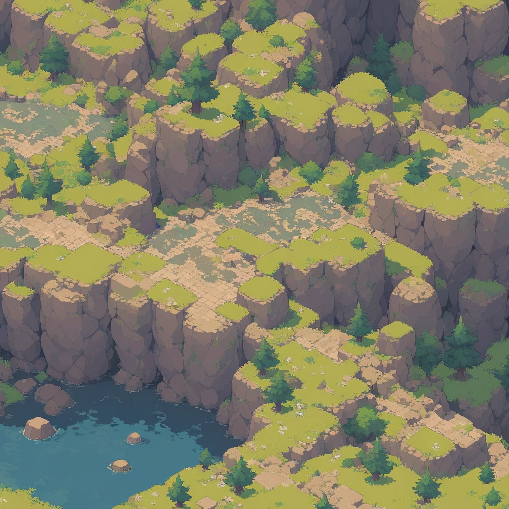 retro video game style,pixelated, vibrant pastel colors,8-bit characters,blocky shapes,sharp lines,detailed shading,classic gaming vibe,nostalgic atmosphere,classic arcade games,masterpiece:1.2,ultra-detailed,illustration style, 2d texture, stone texture, 4 k seamless mud texture, video game texture, dirt texture, tileset, game tiles, grass, 3/4th perspective trees, 3/4th perspective tileable rock texture, 3/4th perspective tileable cliff formations, tileable trees, topdown view, game texture, game art, tileable texture, very detailed cliff texture, intricate stones, top down view, 3/4th perspective
