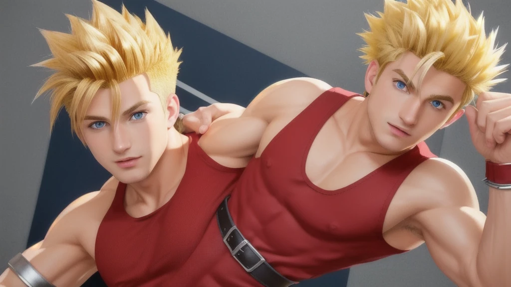 ((best quality)), ((masterpiece)), ((realistic)), (detailed)
 jackyb,
1boy,
            solo,
            male focus,
            blonde hair,
            spiked hair,
            uncomb hair,
            silver wristbands,
            belt,
            black boots,
            fringe,
            blue eyes,
            (red top tank,)
       red fitted sleeveless shirt,
            red fitted pants,