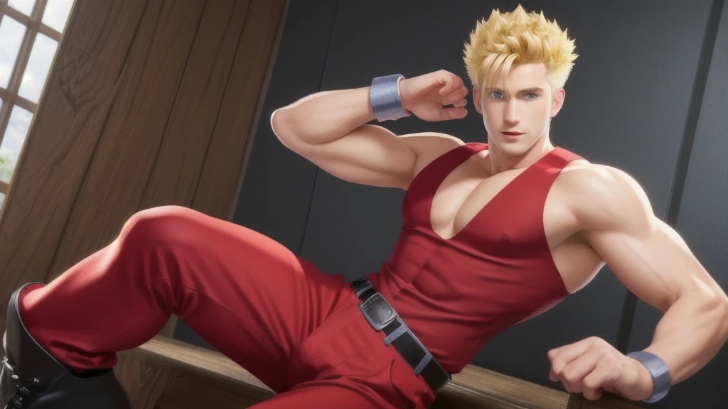 ((best quality)), ((masterpiece)), ((realistic)), (detailed)
 jackyb,
1boy,
            solo,
            male focus,
            blonde hair,
            spiked hair,
            uncomb hair,
            silver wristbands,
            belt,
            black boots,
            fringe,
            blue eyes,
            (red top tank,)
       red fitted sleeveless shirt,
            red fitted pants,