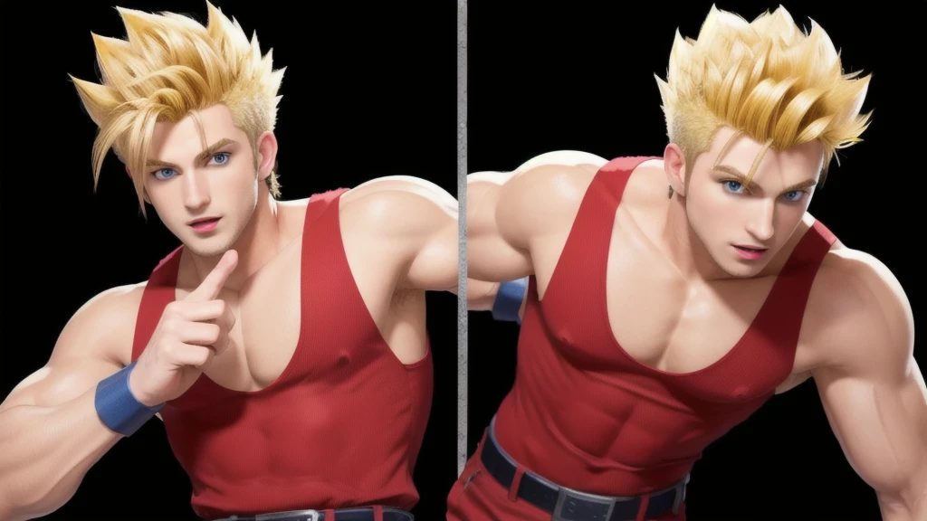 ((best quality)), ((masterpiece)), ((realistic)), (detailed)
 jackyb,
1boy,
            solo,
            male focus,
            blonde hair,
            spiked hair,
            uncomb hair,
            silver wristbands,
            belt,
            black boots,
            fringe,
            blue eyes,
            (red top tank,)
       red fitted sleeveless shirt,
            red fitted pants,