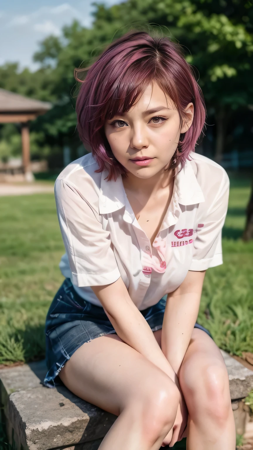 (Realistic、Like a photograph、Live Action、8K, Realistic, RAW Photos, Best image quality: 1.4), Single-lens reflex camera、RAW Photos, Highest quality, Realistic, Highly detailed CG Unity 8K wallpaper, Written boundary depth, Cinematic Light, Lens flare, Ray Tracing, Realistic background、((ultra high density skin))、 Teenage Girl,Cute Japanese、(Big Breasts)、(whole body:1.5)、Super detailed face，avert your eyes:1.1、(Pink inner color hair、short hair:1.2、My hair flutters in the wind:1.4)、I like that style、stylish、Very detailed、Pay attention to the details、Perfect outfit、(Sunburned skin)、View from the front、Accurate hands、Accurate legs、Detailed hands and fingers、Anatomically correct body、Thin legs、Thin thighs