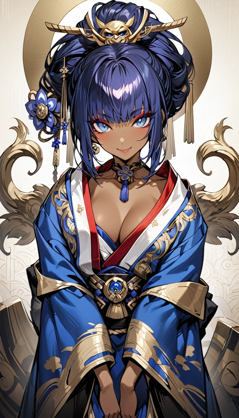 Highest quality masterpiece High resolution masterpiece whole body Medium dark blue hair Blue Eyes Dark Skin Gal Makeup smile Japanese clothing Luxury accessories