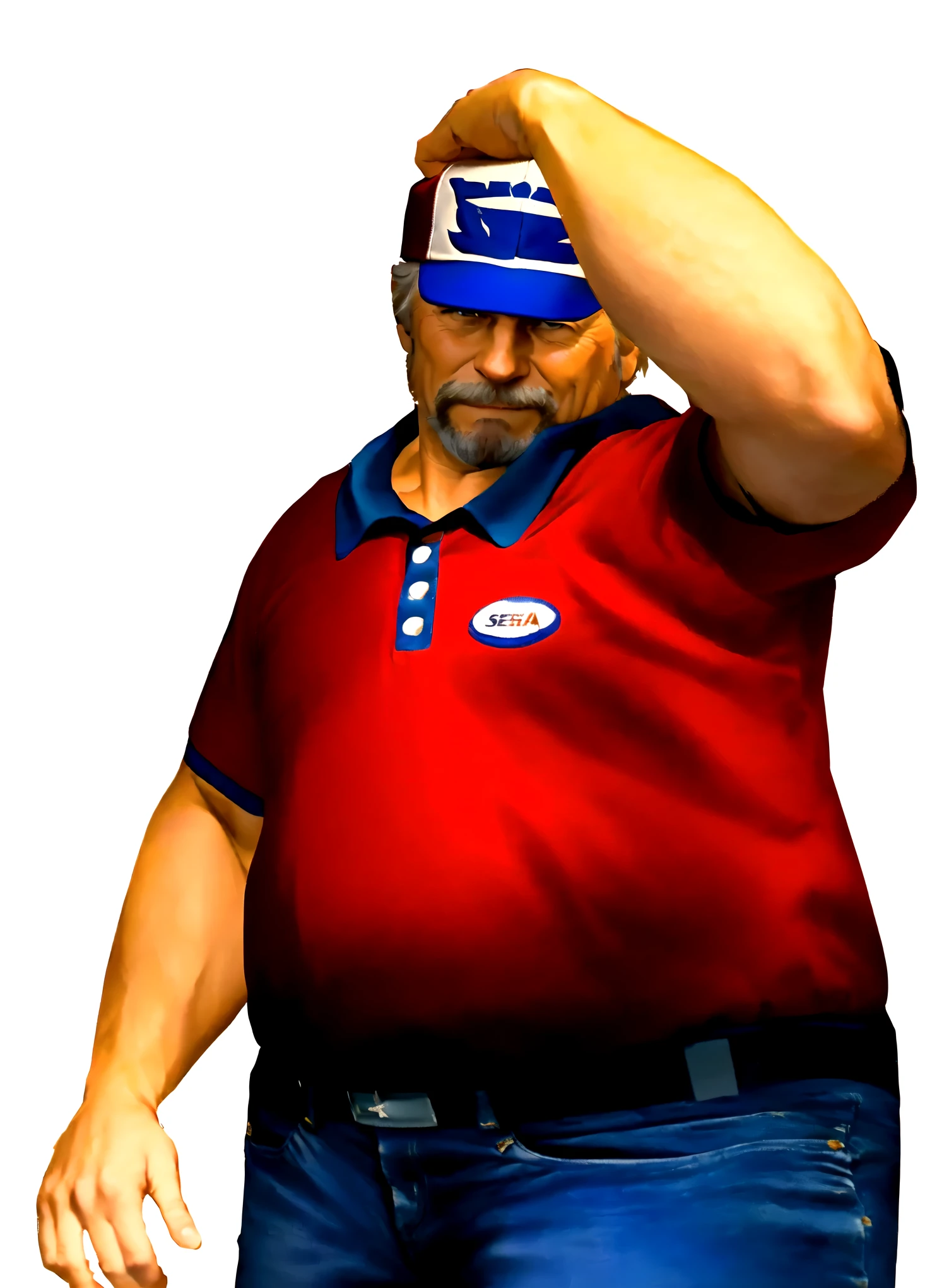 a close up of a man in his 60s wearing a red shirt and blue jeans, rising index finger, as a character in tekken, beefy, realistic textures, jeff bridges with a goatee, best friend with closed mouth as to say "damn!", happy, Out Run 2 flagman, 2 k, 2k, muscular bernie sanders, buff man, character from king of fighters, robust stocky body, hide the pain harold, name of character is flagman, sad face, rising a open hand at the sky, his cap has a SEGA logo on it, (short GREY hair), he looks truly disappointed by your performance