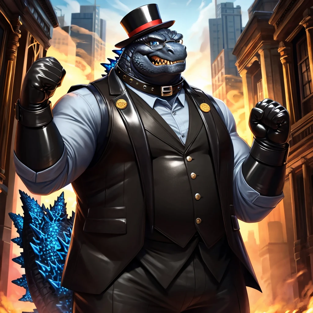 Solo, Male, fat, extremely obese, gentleman, dapper Professor Godzilla, blue eyes, (posing:1.3), (soft shading), 4k, hi res, ((detailed face, detailed)), looking at viewer, mouth wide open, steampunk, collared shirt with buttons, top hat, male focus, Explorer Outfit, glasses, monocle, vest with buttons, sleeves rolled up, round eyewear, brown headwear, brown vest, Godzilla is wearing a glossy leather dog collar around the neck, Godzilla is wearing the leather collar and shirt and vest at the same time, Godzilla is wearing glossy white rubber gloves on the hands, wearing white rubber gloves on the feet, gloves are rubber in texture, clenching teeth, clenching fists, leather collar is glossy and shiny with a lot of detail, Godzilla is wearing gloves and leather collar at the same time, leather collar has a round dog-tag, leather collar is thick and detailed, leather collar is glossy and shiny, fancy clothing, dapper vest, dapper shirt, leather collar is thick.