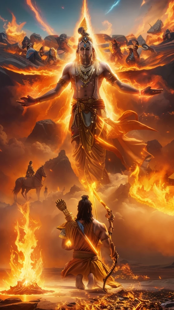 lord krishna is shown in the middle of the sky, surrounded by fire, legendary god holding spear, divine realm of gods, from ramayan, epic artwork, epic digital art, god shiva the destroyer, puṣkaracūḍa, amazingly epic visuals, indian god, stunning vfx, beautiful image ever created, epic scene of zeus, artificial intelligence god, concept art of god, epic digital painting, divine god, epic digital art illustration, epic poster art, divine background, vfx movie