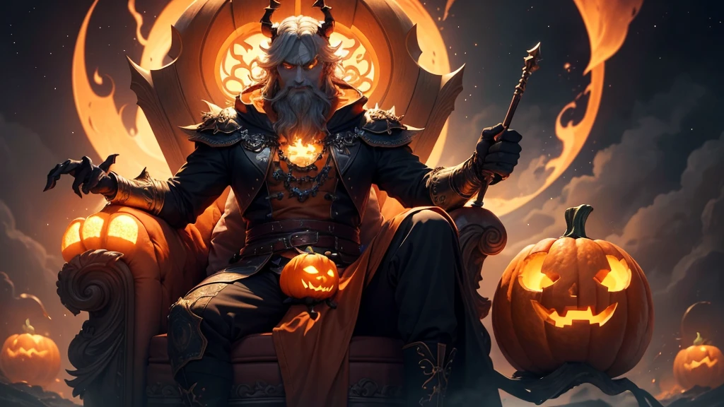 (ultra high quality) (4k) (perfect details) A Monster with a pumpkin head sitting on a throne, he is surrounded by fog and is on top of a fabulous castle, the castle shines like the stars and has an orange color, he has an orange staff that has so much power, that only he is capable of holding it