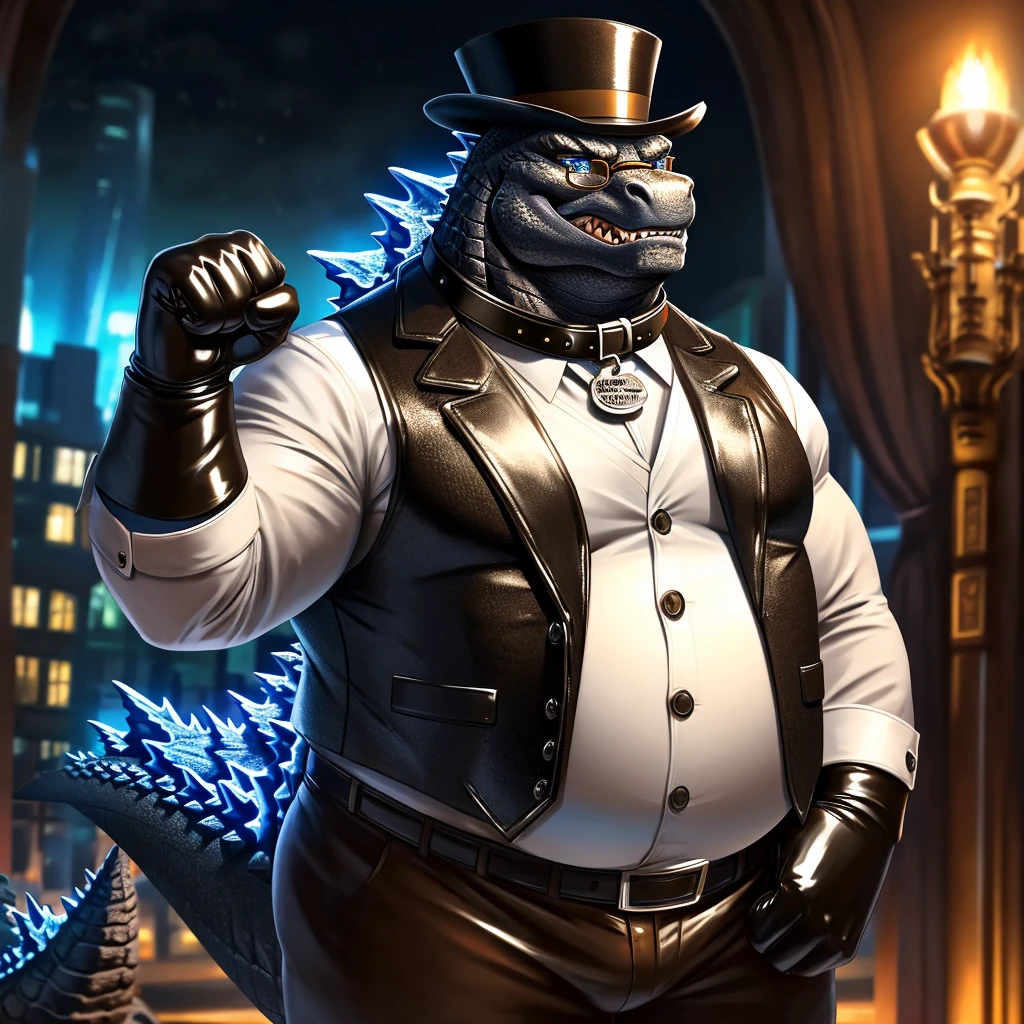 Solo, Male, fat, extremely obese, gentleman, dapper Professor Godzilla, blue eyes, (posing:1.3), (soft shading), 4k, hi res, ((detailed face, detailed)), looking at viewer, mouth wide open, steampunk, collared shirt with buttons, top hat, male focus, Explorer Outfit, glasses, monocle, vest with buttons, sleeves rolled up, round eyewear, brown headwear, brown vest, Godzilla is wearing a glossy leather dog collar around the neck, Godzilla is wearing the leather collar and shirt and vest at the same time, Godzilla is wearing glossy white rubber gloves on the hands, wearing white rubber gloves on the feet, gloves are rubber in texture, clenching teeth, clenching fists, leather collar is glossy and shiny with a lot of detail, Godzilla is wearing gloves and leather collar at the same time, leather collar has a round dog-tag, leather collar is thick and detailed, leather collar is glossy and shiny, fancy clothing, dapper vest, dapper shirt, leather collar is thick.