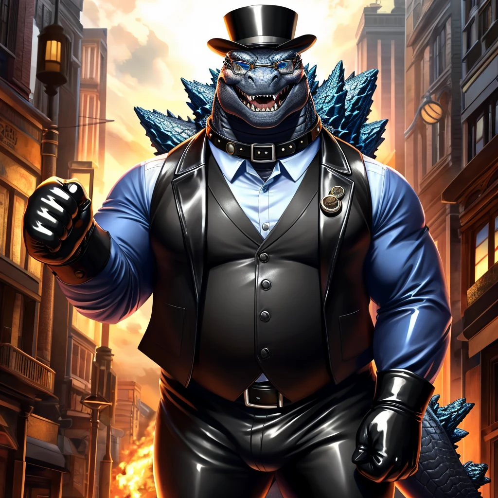 Solo, Male, fat, extremely obese, gentleman, dapper Professor Godzilla, blue eyes, (posing:1.3), (soft shading), 4k, hi res, ((detailed face, detailed)), looking at viewer, mouth wide open, steampunk, collared shirt with buttons, top hat, male focus, Explorer Outfit, glasses, monocle, vest with buttons, sleeves rolled up, round eyewear, brown headwear, brown vest, Godzilla is wearing a glossy leather dog collar around the neck, Godzilla is wearing the leather collar and shirt and vest at the same time, Godzilla is wearing glossy white rubber gloves on the hands, wearing white rubber gloves on the feet, gloves are rubber in texture, clenching teeth, clenching fists, leather collar is glossy and shiny with a lot of detail, Godzilla is wearing gloves and leather collar at the same time, leather collar has a round dog-tag, leather collar is thick and detailed, leather collar is glossy and shiny, fancy clothing, dapper vest, dapper shirt, leather collar is thick.