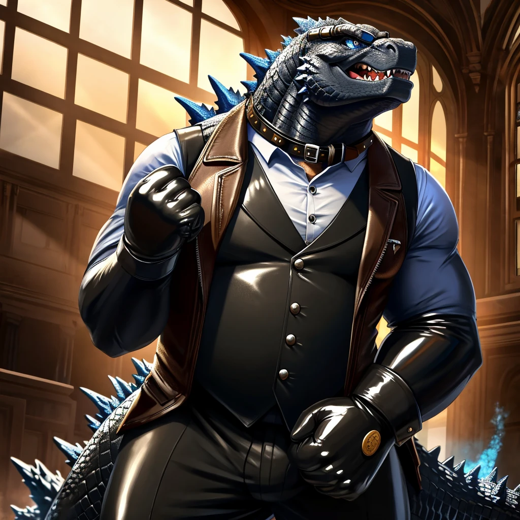 Solo, Male, fat, extremely obese, gentleman, dapper Professor Godzilla, blue eyes, (posing:1.3), (soft shading), 4k, hi res, ((detailed face, detailed)), looking at viewer, mouth wide open, steampunk, collared shirt with buttons, top hat, male focus, Explorer Outfit, glasses, monocle, vest with buttons, sleeves rolled up, round eyewear, brown headwear, brown vest, Godzilla is wearing a glossy leather dog collar around the neck, Godzilla is wearing the leather collar and shirt and vest at the same time, Godzilla is wearing glossy white rubber gloves on the hands, wearing white rubber gloves on the feet, gloves are rubber in texture, clenching teeth, clenching fists, leather collar is glossy and shiny with a lot of detail, Godzilla is wearing gloves and leather collar at the same time, leather collar has a round dog-tag, leather collar is thick and detailed, leather collar is glossy and shiny, fancy clothing, dapper vest, dapper shirt, leather collar is thick.