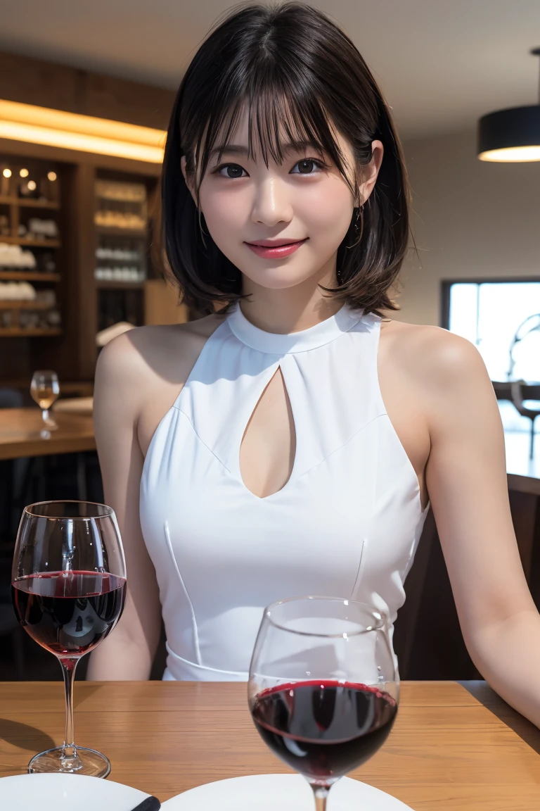 (hair, Ultra-high resolution, Highest quality, masterpiece: 1.2), (Realistic, photoRealistic: 1.37), Very detailed, 1 pretty woman, (slimな顔), (The body is slim), (Brown Hair), (Shortcuts), cheeks turn a little red, (Age 25), Age 25, alone, 窓の外の美しい詳細な都市のnight景, restaurant, wine glassが座る, nightに, NovaFrogStyle in a prominent place, actress, model, Upper Body, White wine, slim, wine glass, Super Clean night View, wine glass Put in the Middle, Happy smile, (smile: 1.15), Beautiful Eyes, Upper Body, Destroy Japan, night, short, short, actress, model, Upper Body, White wine, slim, wine glass, Super Clean night View, wine glass Put in the Middle, Happy smile,Sleeveless dress、Dress code、Chic dress、Dress color is random