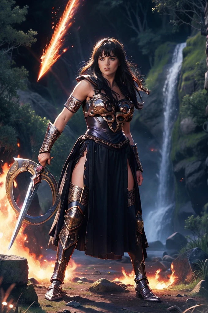 ((Full body photo,standing, feet on the ground)) xena warrior princess,warrior,goddess,strong,brave,beautiful,determined,leather armor,sword,battle,war,powerful,ancient,fierce,noble,protector,defender,legendary,adventure,Mediterranean,lush greenery,epic,bold,mythical,valor,dark hair,intense gaze,strong-willed,war cry,mysterious background,heroic,inspiring,action-packed,mythical creatures,epic battles,mythical world,empowering,fearless,warrior queen,symbolic,universe of gods,magic powers(Vibrant colors),legendary weapon,luxuriant,ancient ruins,undying spirit,solar eclipse,lunar eclipse,divine lineage