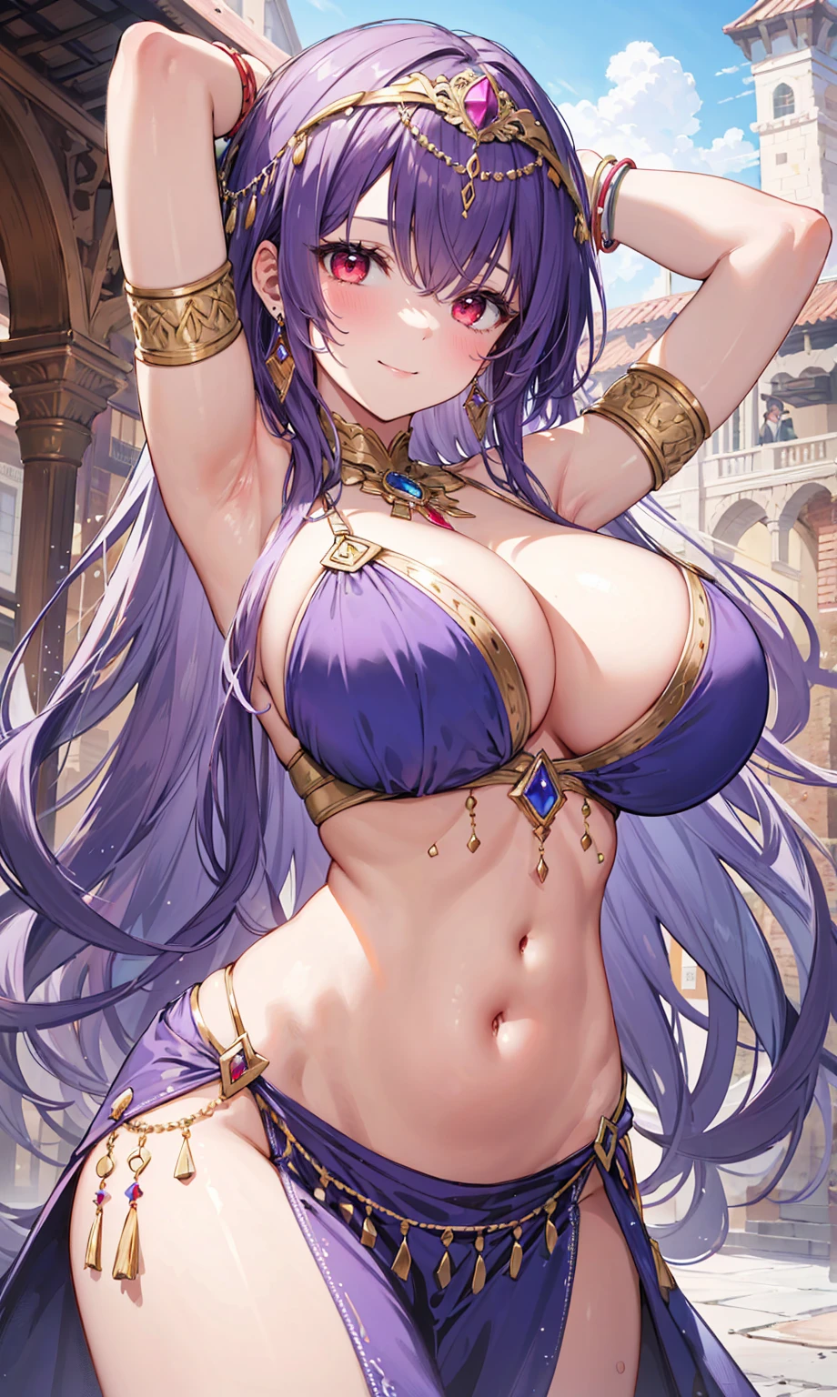 high quality, ultra detailed, best quality, insanely detailed, beautiful, masterpiece, 1girl, medieval plaza, cowboy shot, red eyes, long hair, purple hair, belly dancer, circlet, earrings, armlets, bracelets, bashful smile, large breasts, cleavage, soft stomach