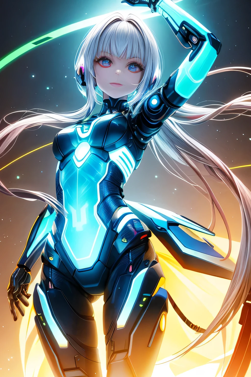 Glowing cyber girl with cybernetic arm,(J Women&#39;s Uniform,Sailor suit,White Skirt,)Standing in a post-apocalyptic battlefield.Surrounded by a network of wires. surrounded by circuits. (Cyber Girl with a glowing orange sword:1.3), Shiny Silver Short Hair,Messy ponytail,Cute Smile,Perfect round face,Iris,A bright smile that makes everyone happy,Proper body balance,Intricate details,Very delicate and beautiful hair,Photo Real,dream-like,Professional Lighting,Realistic Shadows,Focus Only,Beautiful Hands,Beautiful fingers,Detailed finger features,Detailed clothing features,Detailed hair features,Detailed facial features,(Tabletop,Highest quality,Ultra-high resolution output images,) ,(8K quality,),(Picture Mode Ultra HD),,Sci-fi fantasy