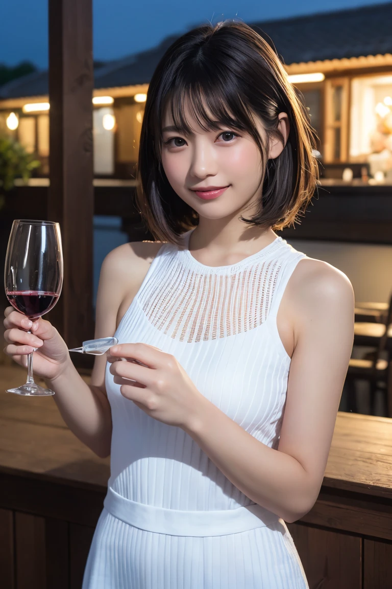 (hair, Ultra-high resolution, Highest quality, masterpiece: 1.2), (Realistic, photoRealistic: 1.37), Very detailed, 1 pretty woman, (slimな顔), (The body is slim), (Brown Hair), (Shortcuts), cheeks turn a little red, (Age 25), Age 25, alone, 窓の外の美しい詳細な都市のnight景, restaurant, wine glassが座る, nightに, NovaFrogStyle in a prominent place, actress, model, Upper Body, White wine, slim, wine glass, Super Clean night View, wine glass Put in the Middle, Happy smile, (smile: 1.15), Beautiful Eyes, Upper Body, Destroy Japan, night, short, short, actress, model, Upper Body, White wine, slim, wine glass, Super Clean night View, wine glass Put in the Middle, Happy smile,Sleeveless dress、Dress code、Chic dress、Dress color is random