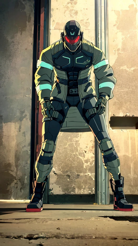 Male, fully cybernetic, full 'borg, military special forces cyborg, wearing futuristic armored camouflage tactical trenchcoat, cybernetic body and fully cybernetic head, head and face covered by full-face tactical visor, no hair, head resembles robotic helmet, full body shot, fully in frame, standing at attention, hands in pockets, lone figure, sole person, Cyberpunk Edgerunners style, edgerunners_style