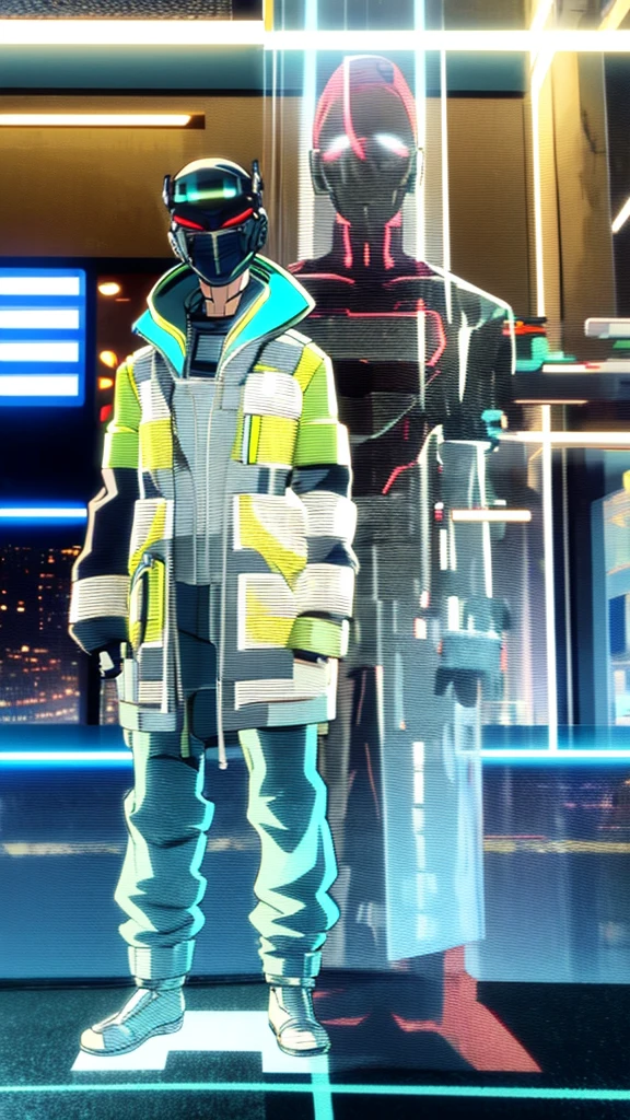 Male, fully cybernetic, full 'borg, military special forces cyborg, wearing futuristic armored camouflage tactical trenchcoat, cybernetic body and fully cybernetic head, head and face covered by full-face tactical visor, no hair, head resembles robotic helmet, full body shot, fully in frame, standing at attention, hands in pockets, lone figure, sole person, Cyberpunk Edgerunners style, edgerunners_style