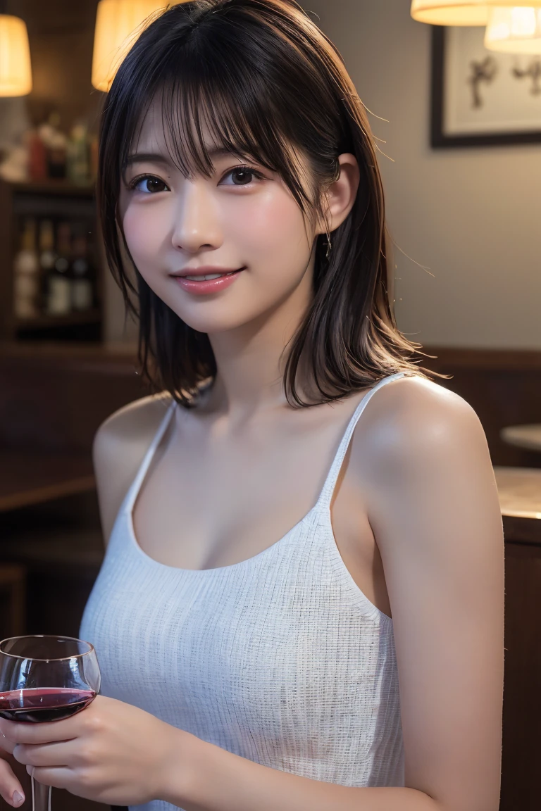 (hair, Ultra-high resolution, Highest quality, masterpiece: 1.2), (Realistic, photoRealistic: 1.37), Very detailed, 1 pretty woman, (slimな顔), (The body is slim), (Brown Hair), (Shortcuts), cheeks turn a little red, (Age 25), Age 25, alone, 窓の外の美しい詳細な都市のnight景, restaurant, wine glassが座る, nightに, NovaFrogStyle in a prominent place, actress, model, Upper Body, White wine, slim, wine glass, Super Clean night View, wine glass Put in the Middle, Happy smile, (smile: 1.15), Beautiful Eyes, Upper Body, Destroy Japan, night, short, short, actress, model, Upper Body, White wine, slim, wine glass, Super Clean night View, wine glass Put in the Middle, Happy smile,Sleeveless dress、Dress code、Chic dress、Dress color is random