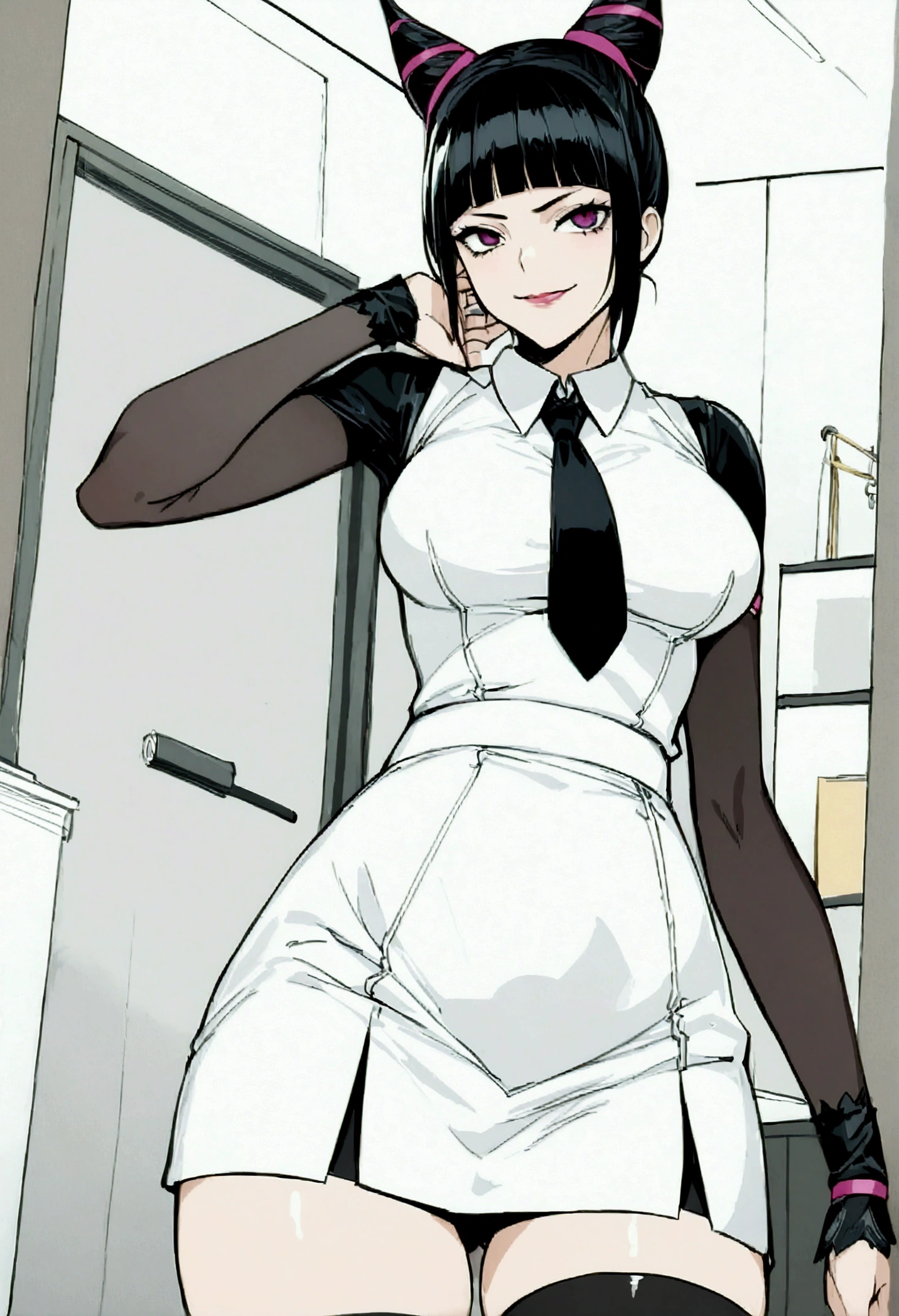 Juri Han, artwork, tight white secretary shirt with black tie, black high waist skirt, Short skirt,media, black fur, black stockings,office,bangs in the eyes,bravo,
,evil smile
