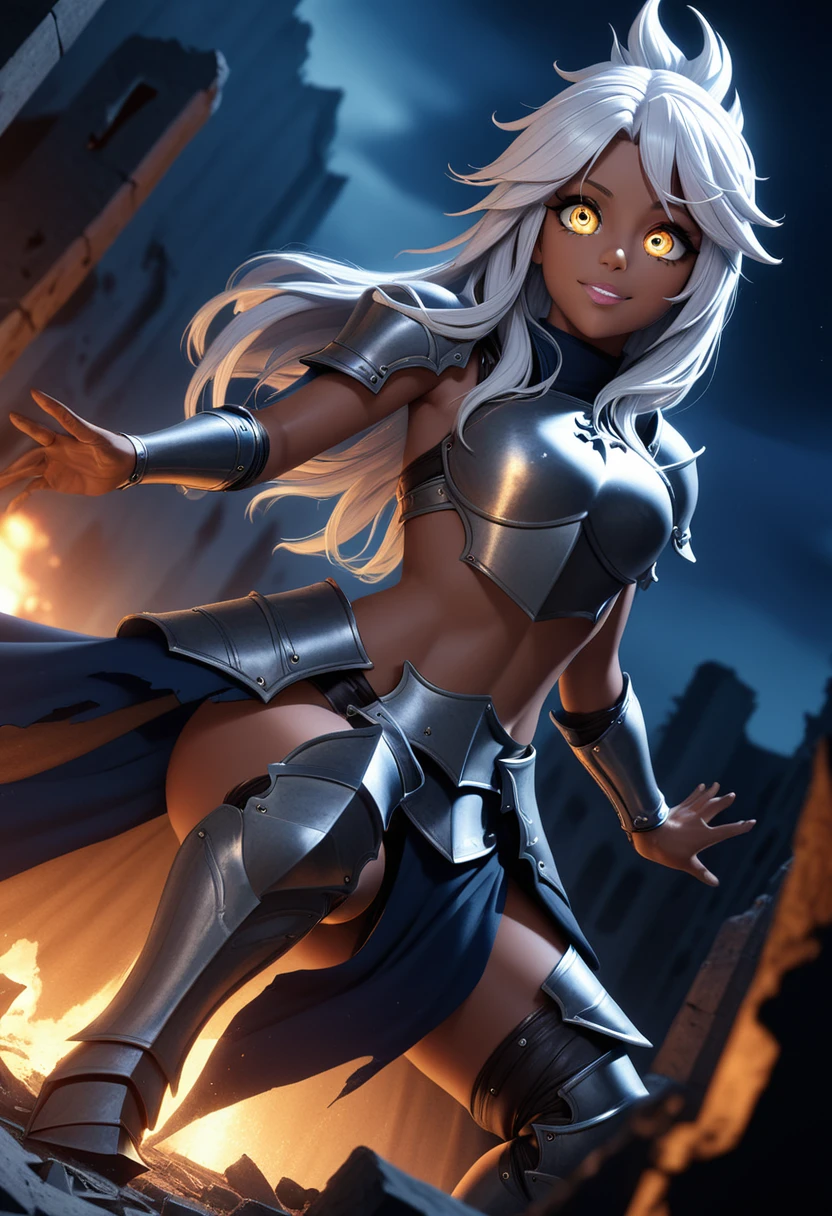 (masterpiece, top quality, best quality, beautiful and aesthetic:1.2), full body, SFW, extremely detailed, detailed eyes, detailed hands, cinematic light, depth of field, 1girl, seducing smile, solo, official, (armored knight:1.4), dark armor, chloe von, silver hair, golden eyes, tanned, tan skin, slim body, cinematic lighting, dramatic lighting, dramatic atmosphere, hyper-realistic, high resolution, stunning contrast, high quality, best quality, 8k, 4k, intricately detailed, (amazing details:1.2), highly detailed skin, powerful presence, vibrant colors, (detailed eyes:1.2), striking eyes, (detailed background), (warzone on background, night, ruins), (dynamic angle:1.2), (dynamic pose:1.2)