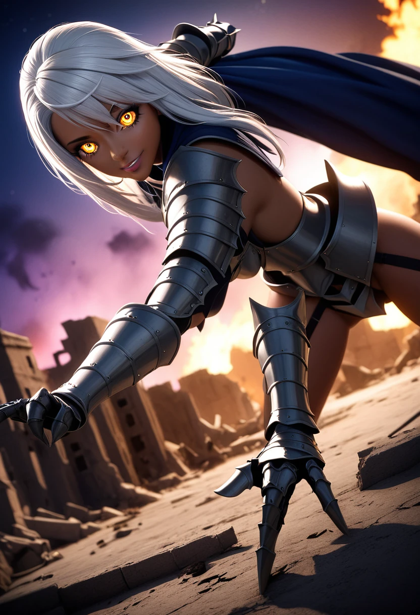 (masterpiece, top quality, best quality, beautiful and aesthetic:1.2), full body, SFW, extremely detailed, detailed eyes, detailed hands, cinematic light, depth of field, 1girl, seducing smile, solo, official, (armored knight:1.4), dark armor, chloe von, silver hair, golden eyes, tanned, tan skin, slim body, cinematic lighting, dramatic lighting, dramatic atmosphere, hyper-realistic, high resolution, stunning contrast, high quality, best quality, 8k, 4k, intricately detailed, (amazing details:1.2), highly detailed skin, powerful presence, vibrant colors, (detailed eyes:1.2), striking eyes, (detailed background), (warzone on background, night, ruins), (dynamic angle:1.2), (dynamic pose:1.2)