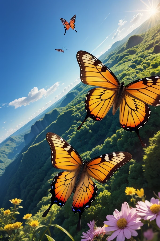 A butterfly falling and another flying upwards