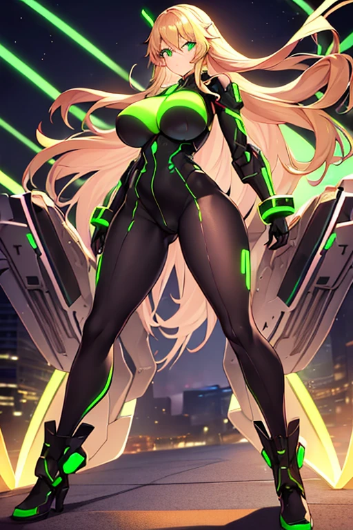 1girl, green eyes, blonde hair, long hair, large breasts, hourglass figure, bodysuit, white bodysuit, neon, neon trim, machinery, tech, science-fiction, futuristic, serious, standing, full body, ((full body)),, pantyhose, black pantyhose, wavy hair, fighting stance, drone, robot girl, gun