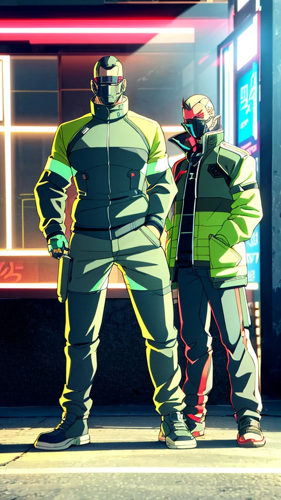 Male, fully cybernetic, full 'borg, military special forces cyborg, wearing futuristic armored camouflage tactical trenchcoat, cybernetic body and fully cybernetic head, head and face covered by full-face tactical visor, no hair, head resembles robotic helmet, full body shot, fully in frame, standing at attention, hands in pockets, lone figure, sole person, Cyberpunk Edgerunners style, edgerunners_style