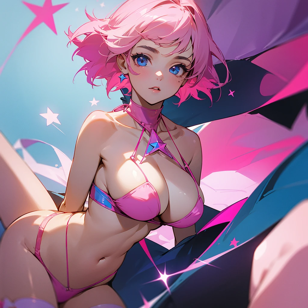 A girl of about 19 years old with short pink hair down to her neck and a star on her cheek, a bra with just her big breasts and a very short bikini with transparent mesh stockings and a light pink bottom