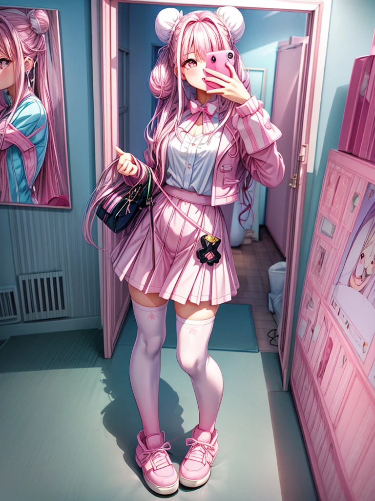 A woman is taking a picture of herself in the mirror, 女性ミニCute Style, whole body!!, , Pink Girl, Pink and black, y2k style, y2k style, Cute Style, Black White Pink, Costume photo, Wearing a skirt and knee-high socks, One girl, alone, (Hair Ribbon:0.4), Pink Eyes,Cinematic Angles,perspective,(((White bun hair))),(((Long pink hair))), Cute clothes, Fluffy clothes, Chest Window, Frilled Skirt, Pastel pink and white outfit, Baby blue accents, himekaji fashion, Sparkling eyes, Shining Eyes, Big eyes), (Lip gloss, mascara, ,whole body,  More prism, Bright colors, (Pink Bedroom, Cute Bedroom, Pink Wall, Pink Bed, stuffed toy, scenery), Take a selfie