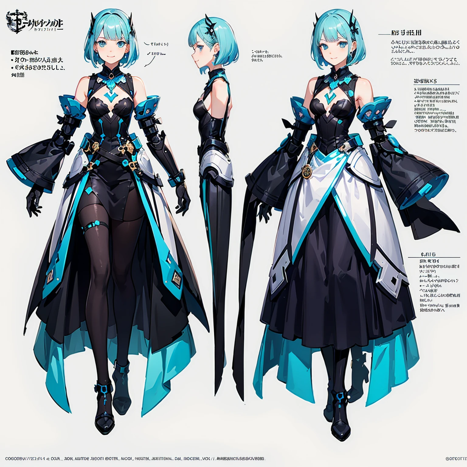 ((Full body photo,standing, feet on the ground)) (masterpiece:1.3), (best quality:1.3), high-resolution,
watercolor pencil,
full body,
lookinng at viewer, upright, arms at sides,
(cute1girl:1.3), solo,
white skin, small Breast, eight-headed person,
light blue hair, (blue gradiient hair:1.1), very short hair, blunt bangs, beautiful hair, blue eyes, beautiful detailed eyes,
cheerful smile,
detached sleeves, Futuristic clothing, mechanical suit, Simple Costumes, pencil skirt, earrings,
(white background:1.2), simple background,
concept art, three-sided view, reference sheet, shadowlighting,