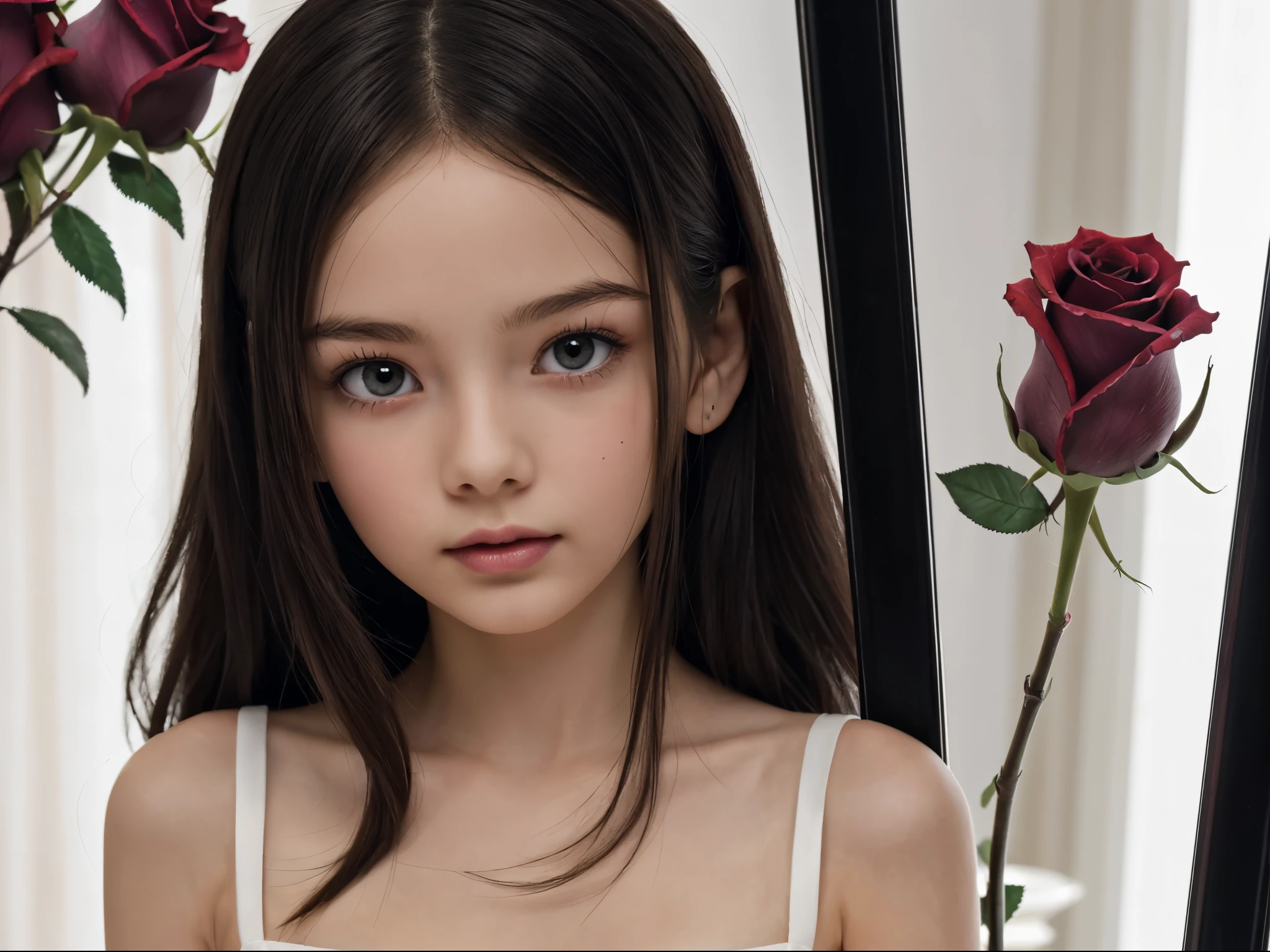 1girl, (full body:0.8), white dress, detailed face, very long thick messy dry black hair, dark background, beautiful ethereal ghastly, (masterpiece), highest quality, ultra-high resolution, (luminescent glowing rose:1.2) inside exquisite glass cloche, mesmerizing design, craftmanship display, sharp focus, fallen petals, (yo, cute:1.2), (breasts:1.2),