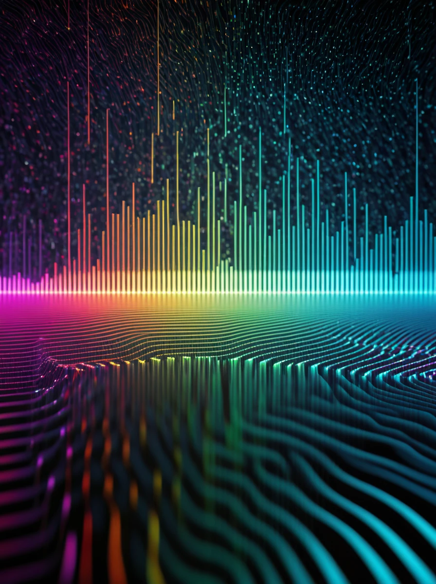 a close up of a graphic of a sound wave with a lot of different colors, abstract art representing data, sound waves, sound wave, on floor perspective, 4k detailed digital art, digital artwork 4 k, wave frequencies, bass sound waves on circuitry, background artwork, particle waves, 4k highly detailed digital art, flashy modern background, multicolored vector art, abstract tech