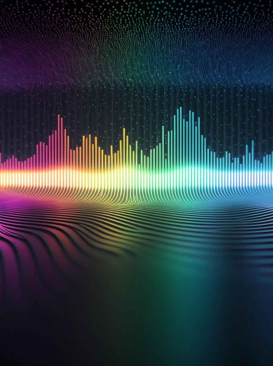 a close up of a graphic of a sound wave with a lot of different colors, abstract art representing data, sound waves, sound wave, on floor perspective, 4k detailed digital art, digital artwork 4 k, wave frequencies, bass sound waves on circuitry, background artwork, particle waves, 4k highly detailed digital art, flashy modern background, multicolored vector art, abstract tech