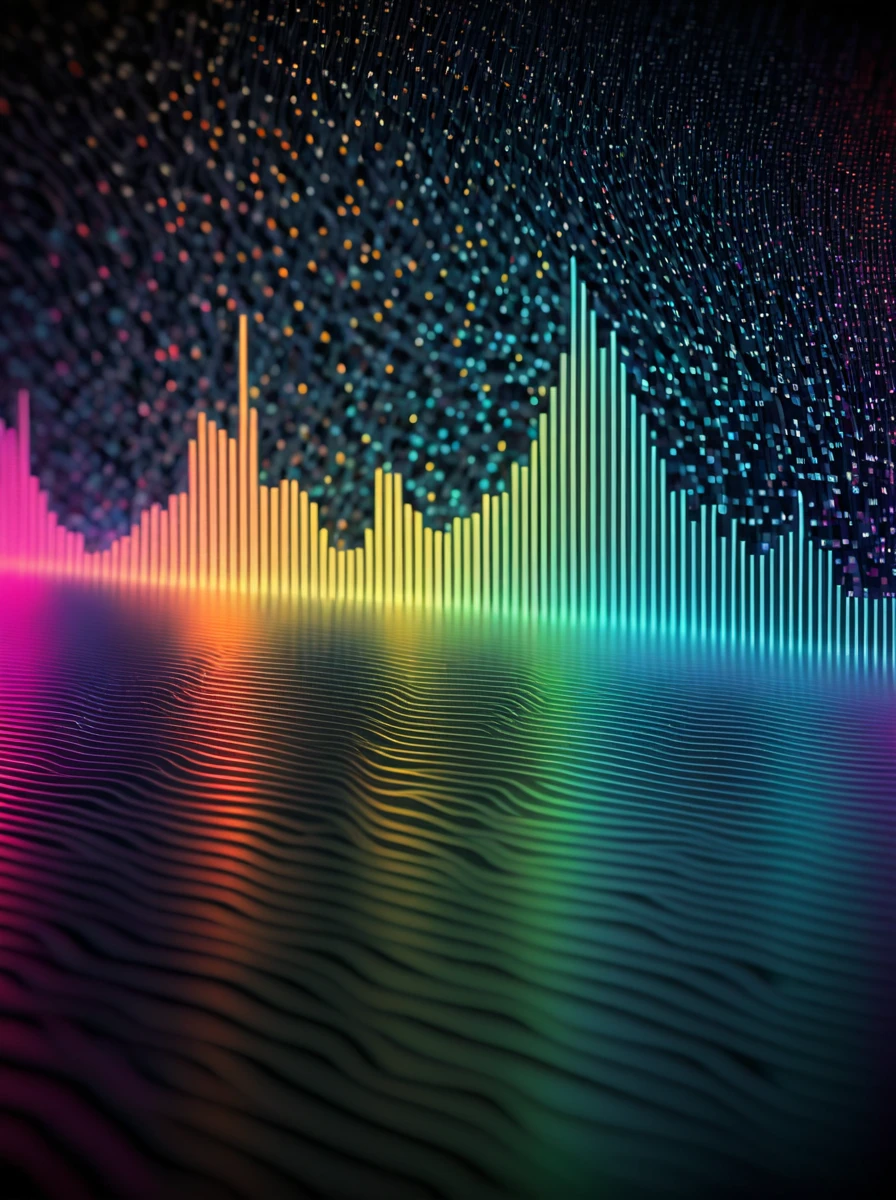 a close up of a graphic of a sound wave with a lot of different colors, abstract art representing data, sound waves, sound wave, on floor perspective, 4k detailed digital art, digital artwork 4 k, wave frequencies, bass sound waves on circuitry, background artwork, particle waves, 4k highly detailed digital art, flashy modern background, multicolored vector art, abstract tech